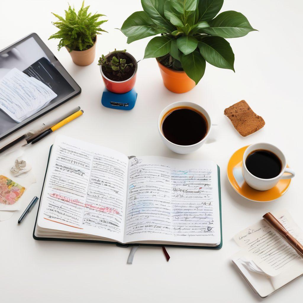 A visually engaging scene depicting an open journal with handwritten entries, vibrant lifestyle articles bursting with color, and digital devices like a tablet and laptop in the background, symbolizing the evolution from traditional writing to digital storytelling. Elements like coffee cups and plants add warmth and creativity to the workspace atmosphere. super-realistic. vibrant colors. clean white background.