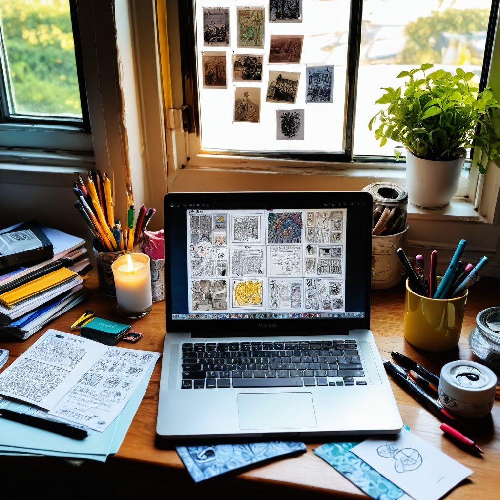 A collage of vibrant diary pages filled with handwritten notes, beautiful sketches, and colorful doodles. An open laptop in the center showcasing a blog interface, surrounded by art supplies like paintbrushes and markers. Sunlight streaming through a window, casting warm light on the scene, inviting creativity. Different icons representing various blog themes like travel, food, and lifestyle scattered around. super-realistic. vibrant colors. cozy ambiance.