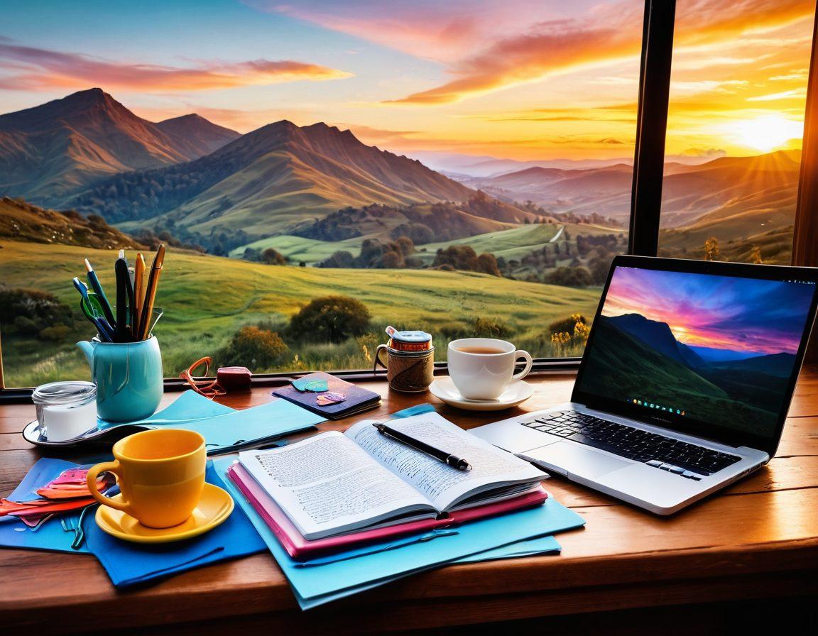 A whimsical scene depicting an open journal surrounded by colorful crafting supplies like scissors, markers, and stickers, with a cozy cup of tea nearby. In the background, a dreamy landscape of rolling hills and a sunset sky symbolizes personal adventures. Envision a laptop displaying a blog with engaging stories, inviting readers to embark on their own blogging journey. vibrant colors. picturesque style. artistic. magical realism.